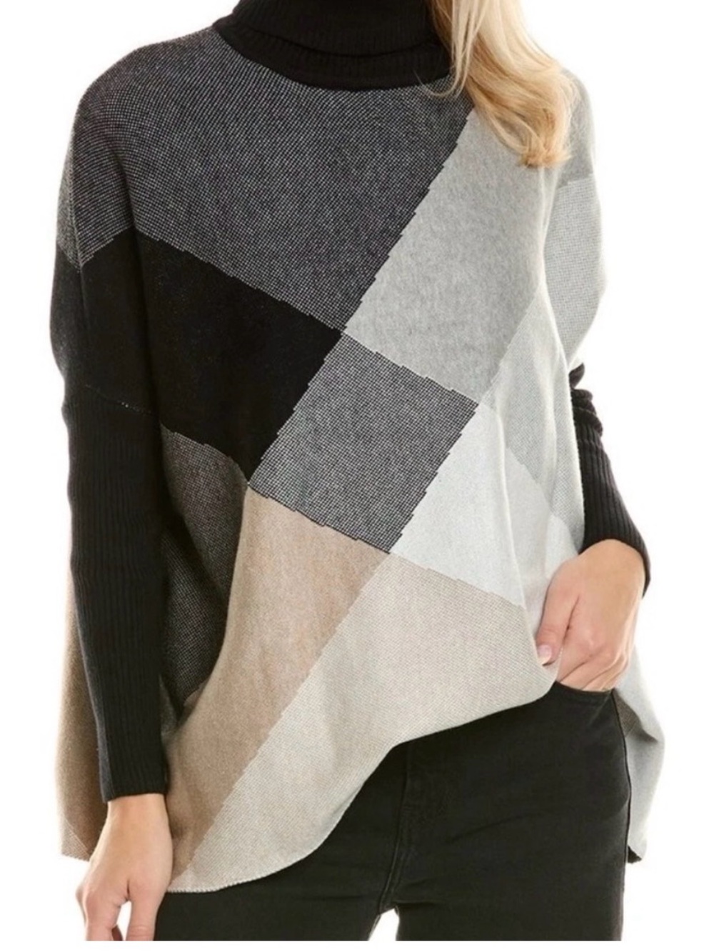 Joseph A Colorblock Turtleneck Poncho Sweater in Black, Gray, Cream, Tan